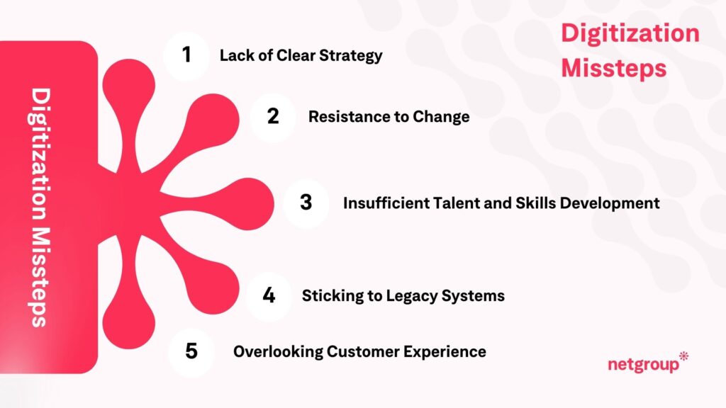 5 common missteps of digitization: lack of clear strategy, resistance to change, insufficient talent and skills development, sticking to legacy systems and overlooking customer experience.